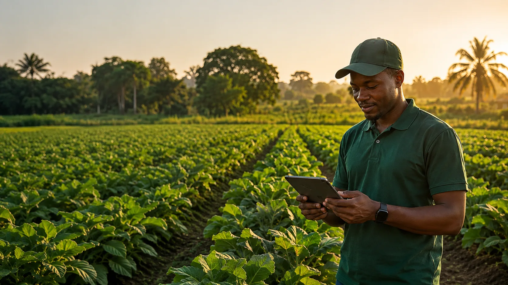 A Ghanaian farm professional using a tablet among growing crops