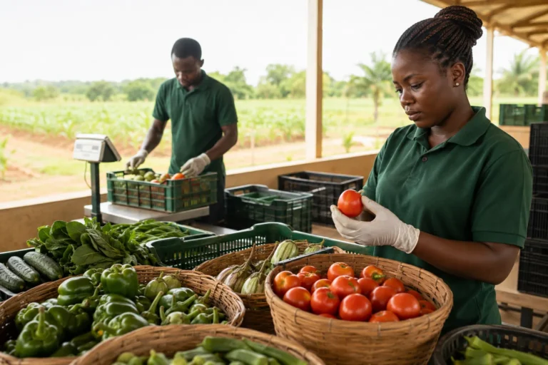 Farm workers inspecting and sorting fresh vegetables