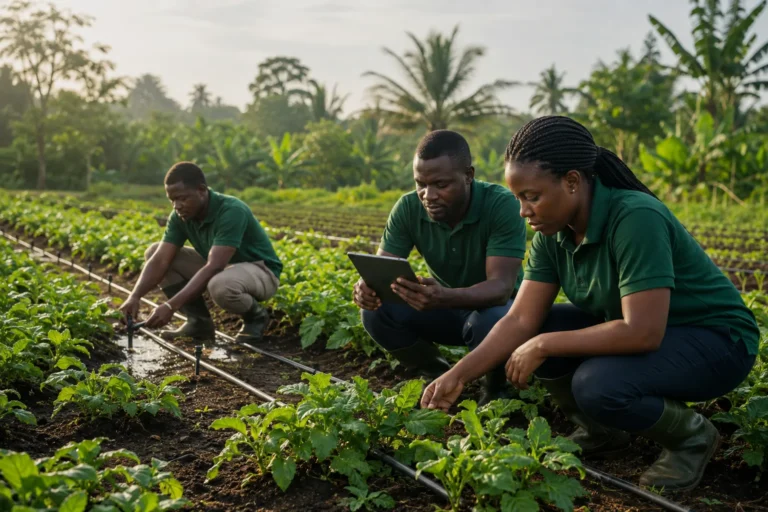 Farm team using technology while tending irrigated crops