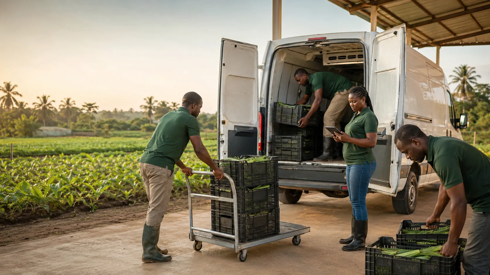 Farm team loading fresh produce for transport
